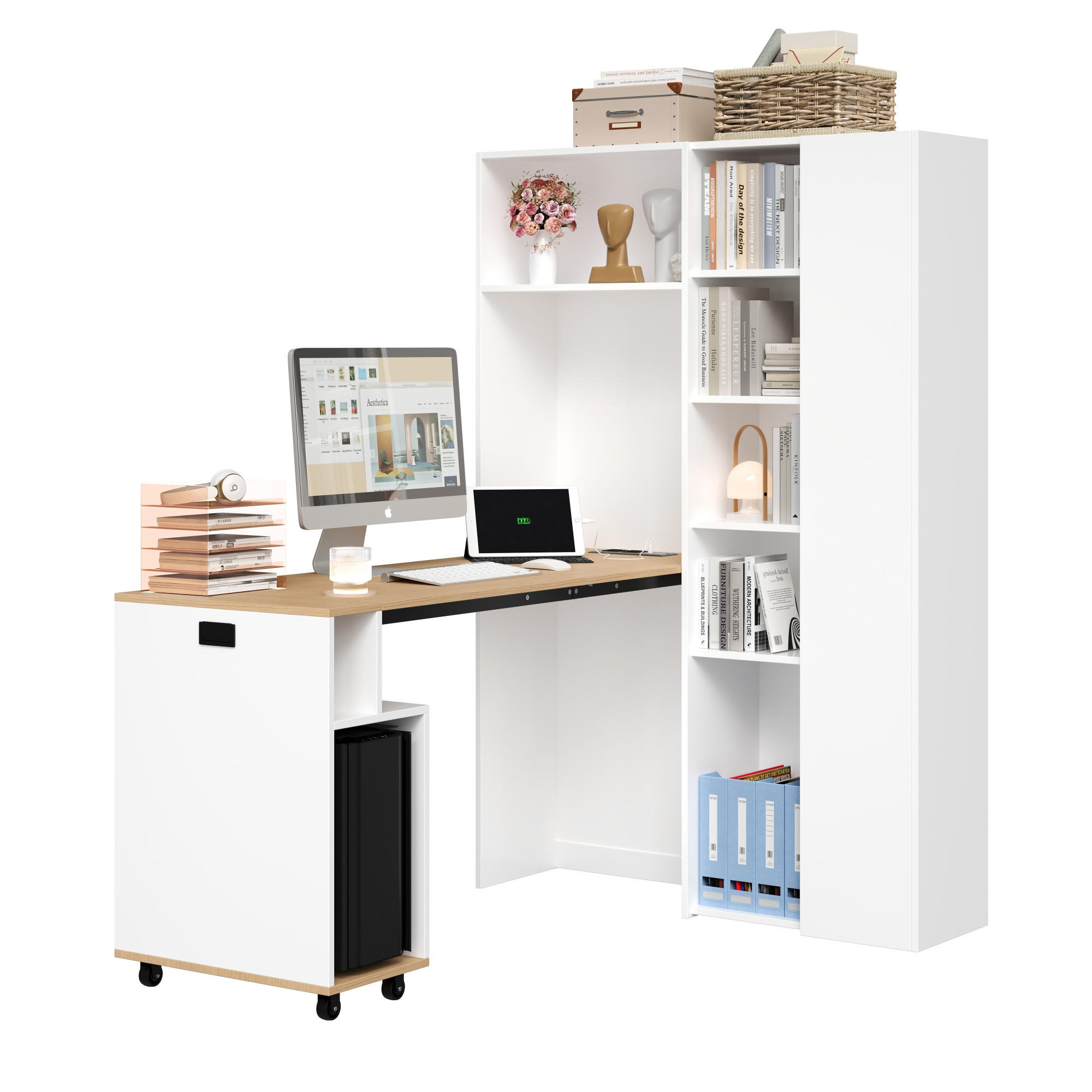BÜROTISCH mit Regal und ausziehbarem Arbeitstisch – Weiß Holzoptik - Weiß, Holzwerkstoff/Metall (30.5/104.5/160cm) - Urban Meuble