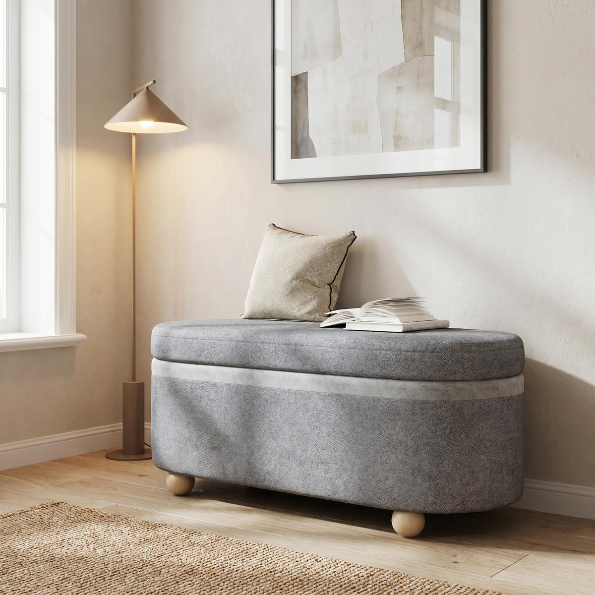 AUFBEWAHRUNGSTRUHE fleece grau 110 cm mit holzbeinen - Grau, Textil (110/47/41cm) - Urban Meuble