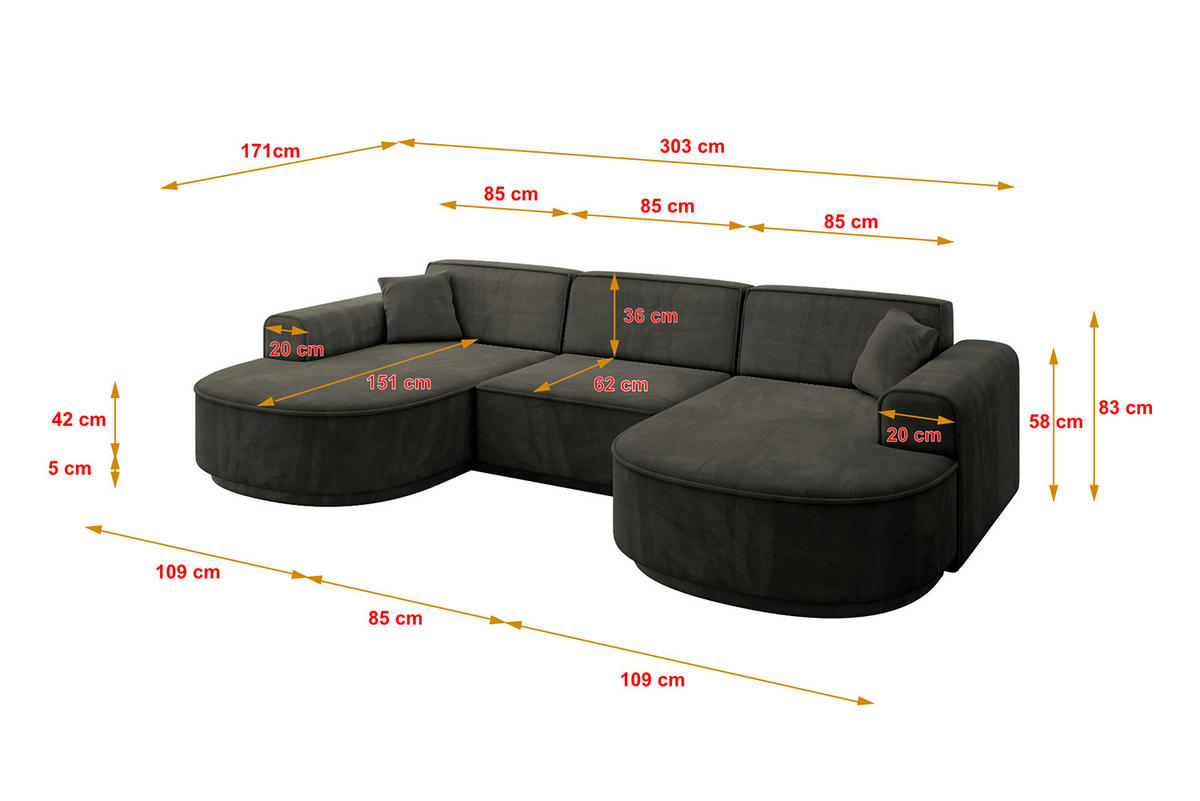 WOHNLANDSCHAFT MARI-U1-v3 - 303x171x83 cm Schwarz Velours - Schwarz, Holzwerkstoff/Kunststoff (303/83/171cm) - ALTDECOR