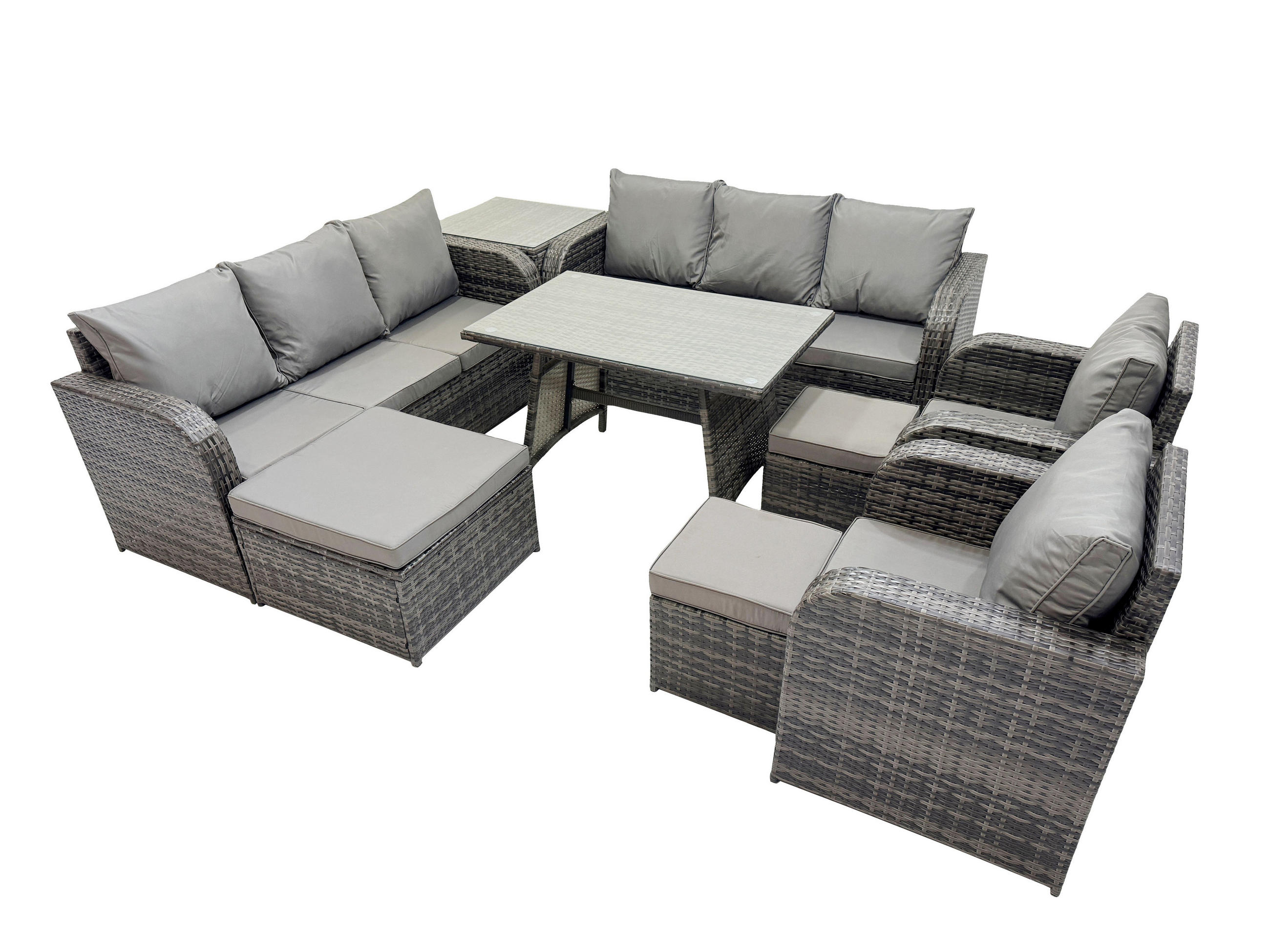 GARTENSET Hohe Rückenlehne Polyrattan 11-Sitzer - Dunkelgrau/Grau, Glas/Kunststoff - Fimous