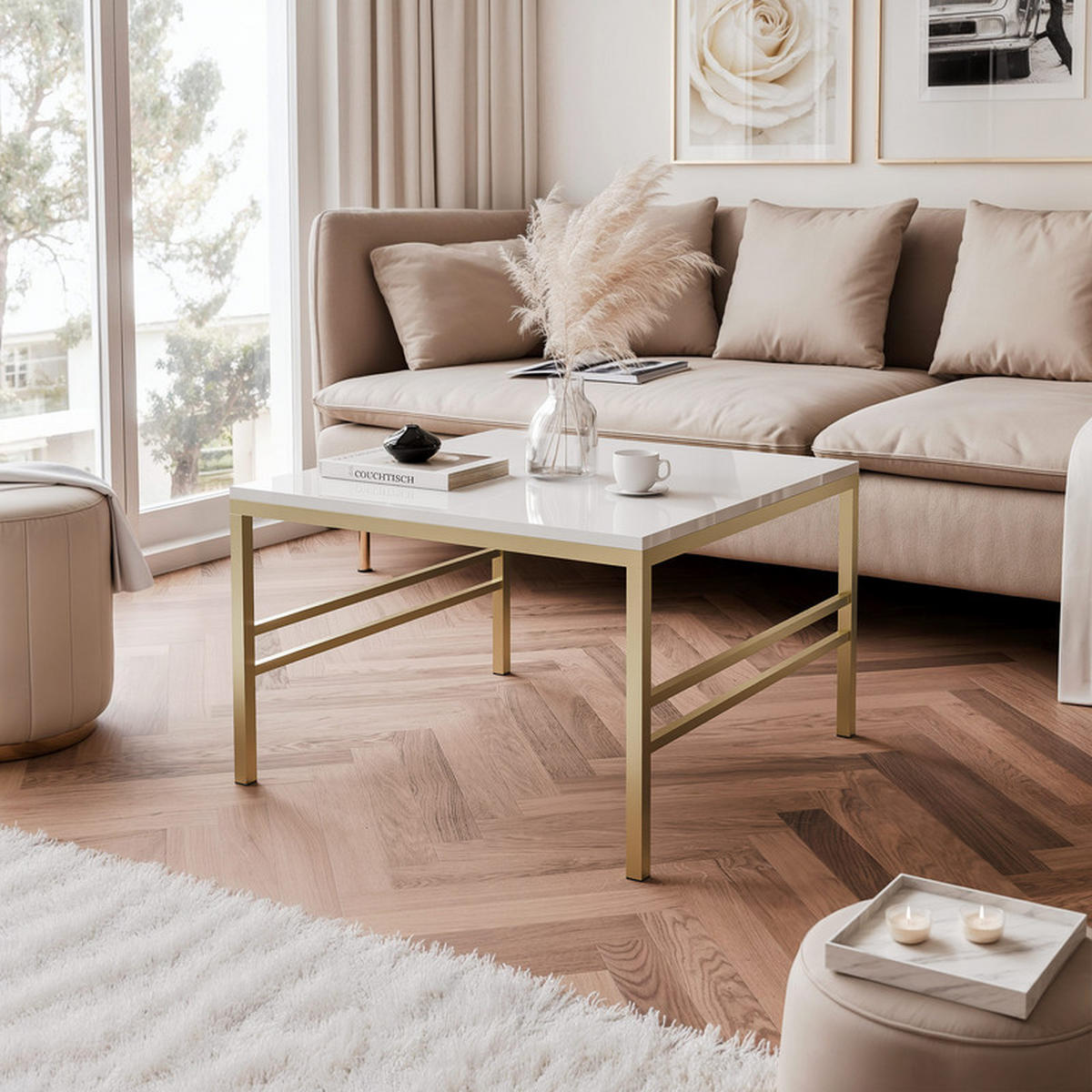 COUCHTISCH FORMA 60/60 cm Quadrat, Gold / Weiß Hochglanz - Weiß Hochglanz/Goldfarben, Metall (60/60/46cm) - Idohome