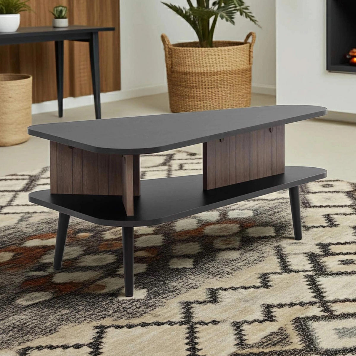 COUCHTISCH Pinelli 100/57/40 Ovale Form - Schwarz/Braun, Holzwerkstoff/Metall (57/100/40cm) - Ravio