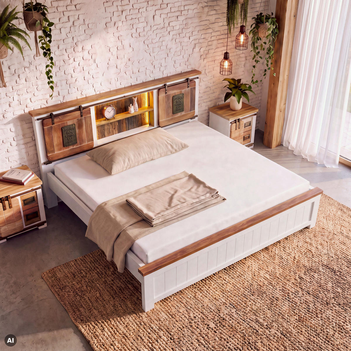 BETT Massivholz Mango / Altholz 180 x 200 x 106 weiß RAILWAY LUX #512 - Weiß, Holz (180/200cm) - Massivmoebel24