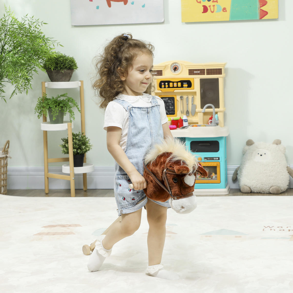 STECKENPFERD Kinder Steckenpferde mit Sound, Griffe, Rolle Stockpferd zum Reiten - Braun, Textil (25/95cm) - AIYAPLAY