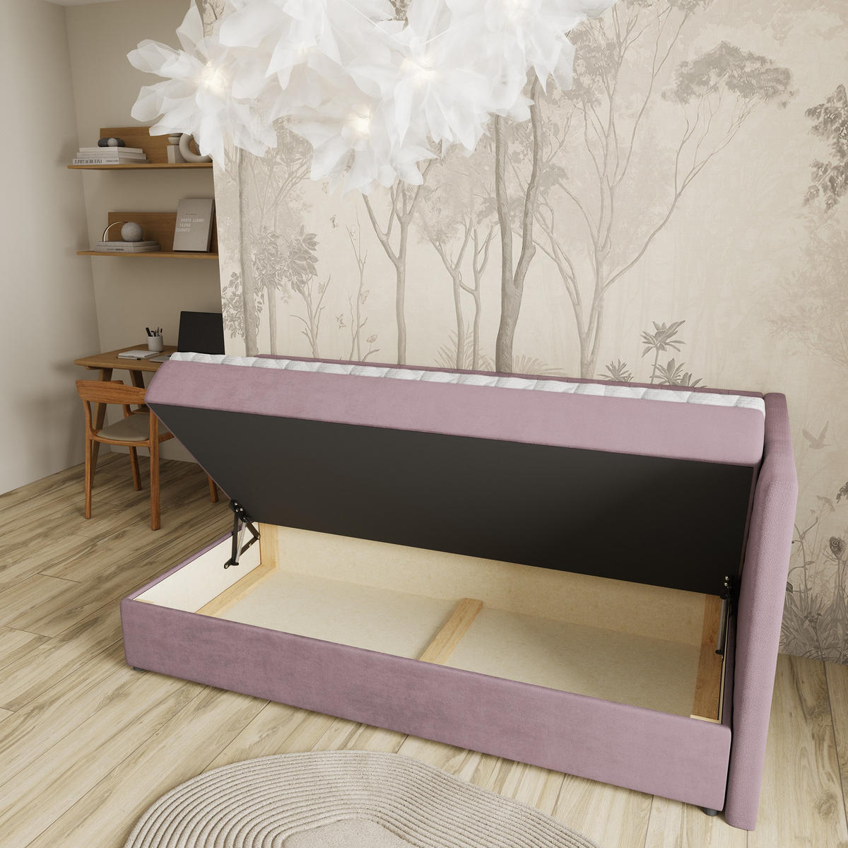 BOXBETT ARIS 80x200 cm mit Matratze und Topper, H2+H3 - Rosa - Rosa, Holz (80/200cm) - MASSENO