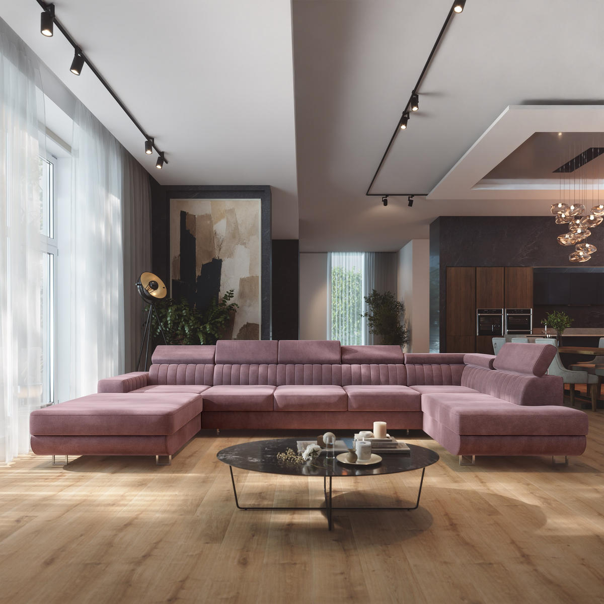 WOHNLANDSCHAFT GAIAN Lila Velours-Stoff mit Schlaffunktion - Lila, Holz (412/88/190cm) - MASSENO