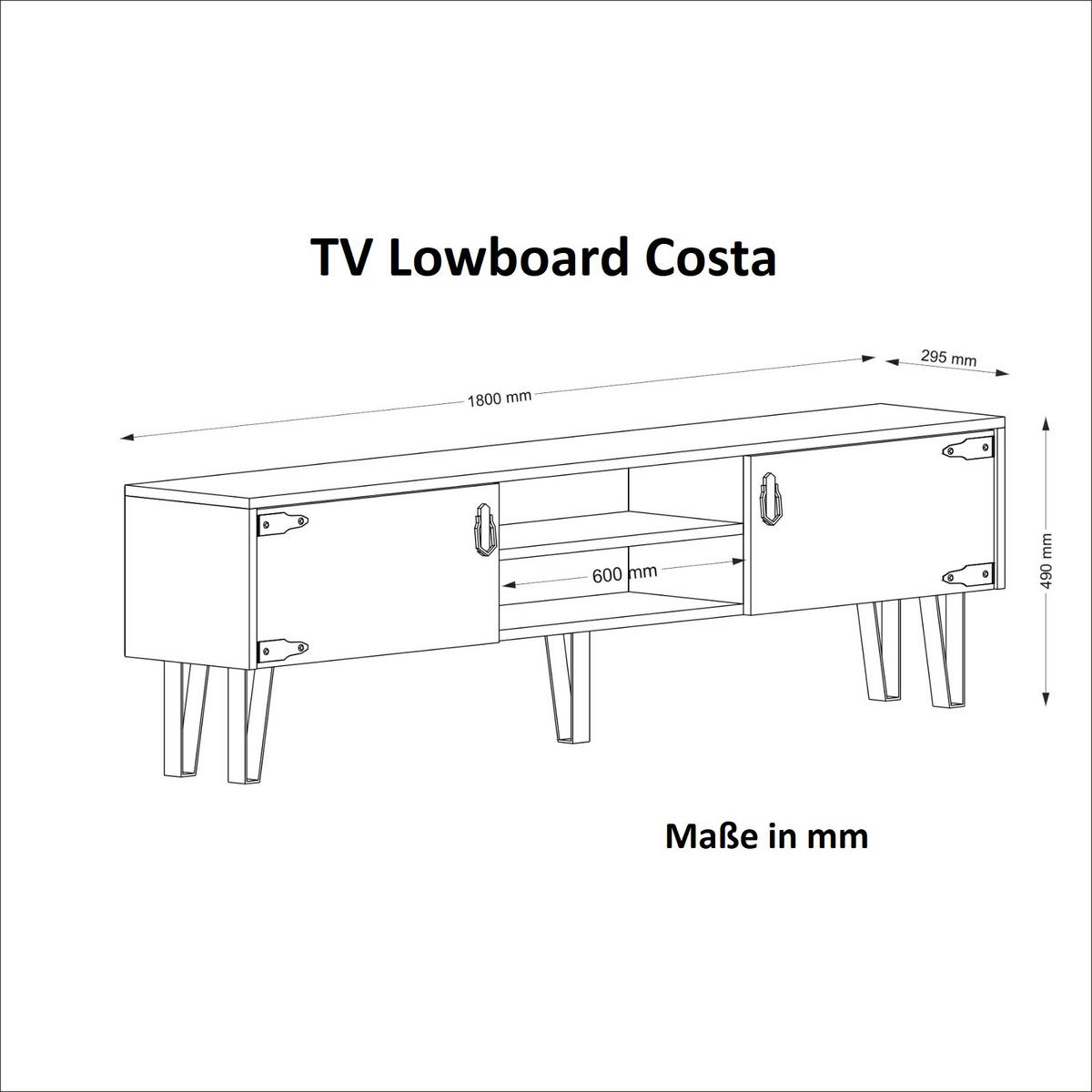 TV-LOWBOARD Costa Eiche - Eichefarben/Schwarz, Holzwerkstoff/Metall (180/49/29.5cm) - moebel17