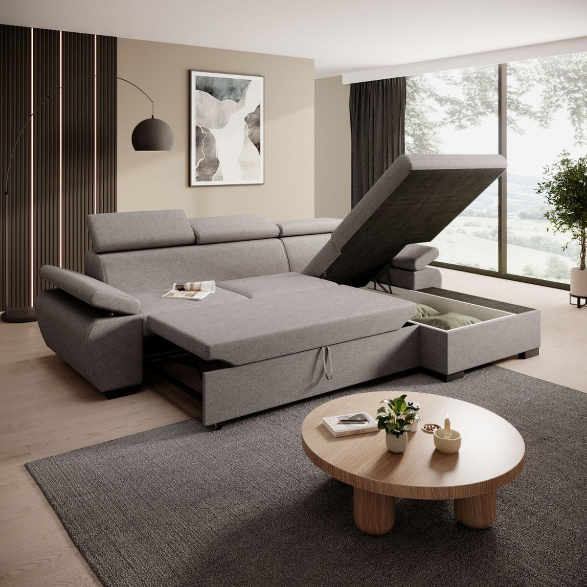 ECKSCHLAFSOFA Coco mit verstellbare Kopfstützen, grau, rechts - Grau, Textil (273/191cm) - Beautysofa