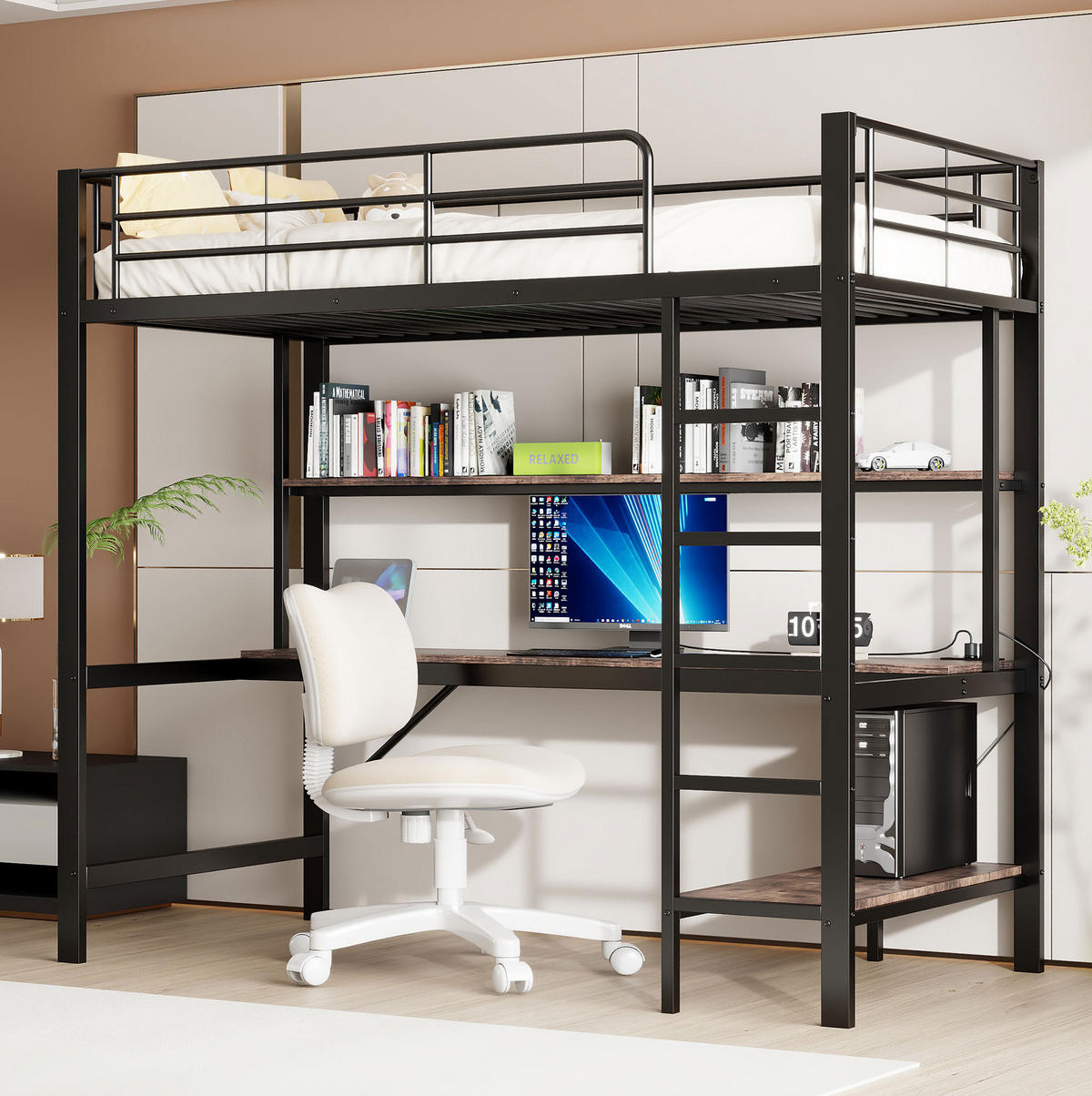 HOCHBETT 90/200 cm mit Schreibtisch, Regal, USB, Steckdose und LED-Ambientelicht, Schwarz - Schwarz, Metall (90/200cm) - Redom