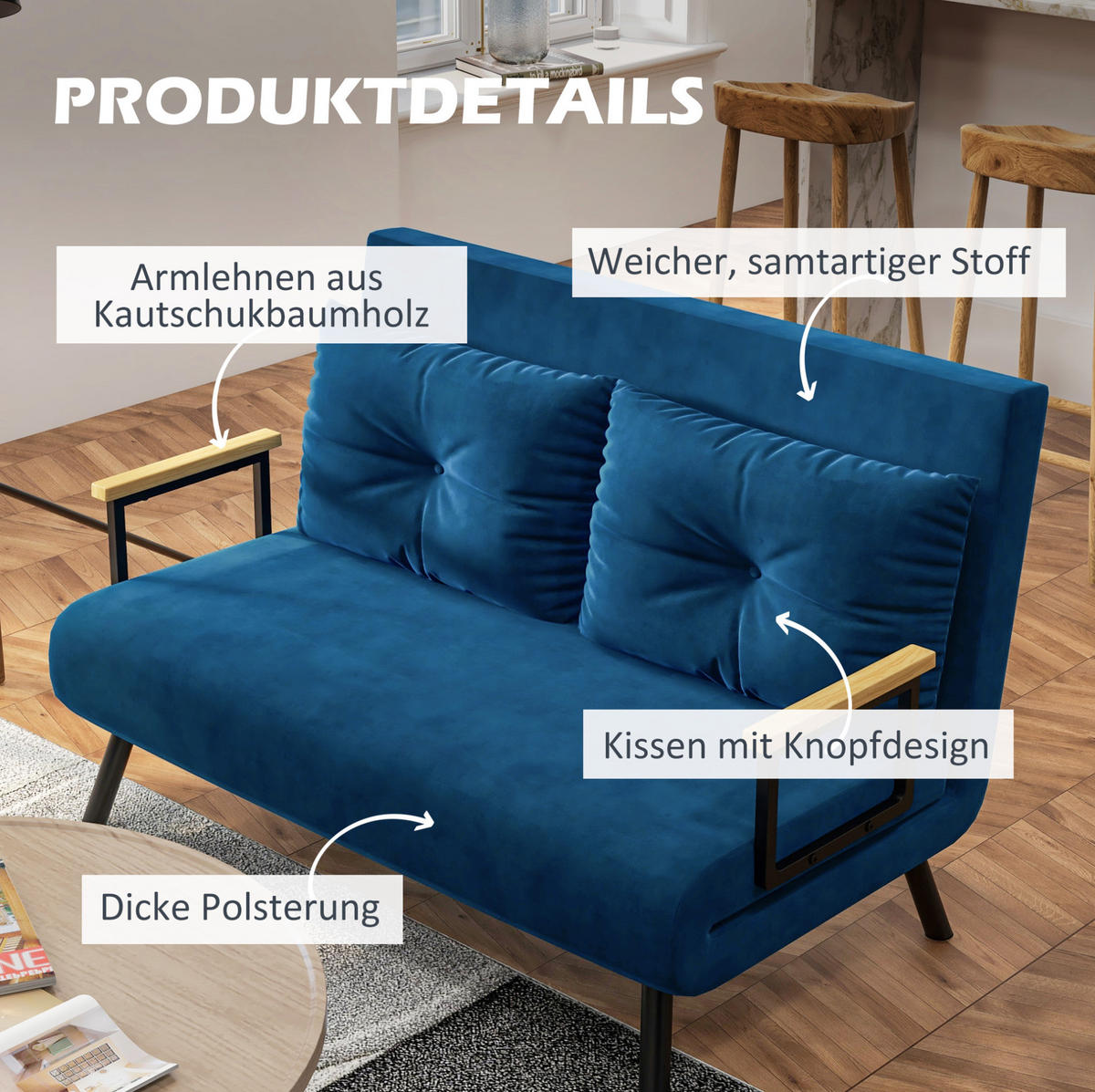 SCHLAFSESSEL mit Bettfunktion 102 x 73 x 81 cm Samt Blue - Blau, Holzwerkstoff (102/81/73cm) - Meubliv