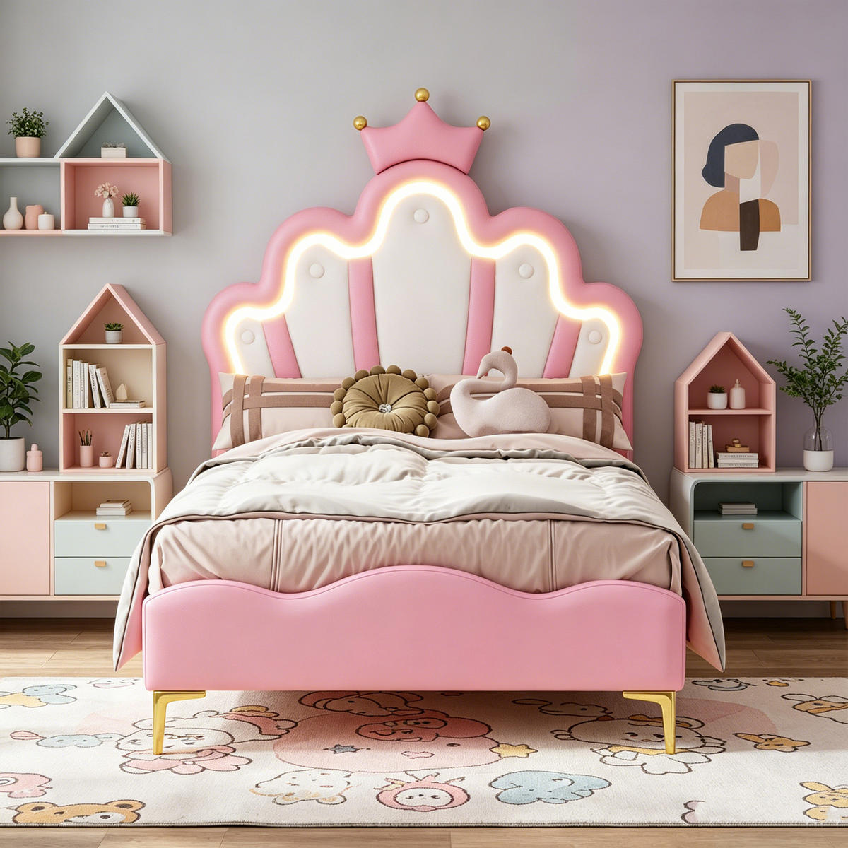 KINDERBETT 90x200 mit LED, Blütenblatt Kopfteil mit Krone, Rosa PU, höhenverstellbar - Pink, Leder/Holz (90/200cm) - GENKI LIVING