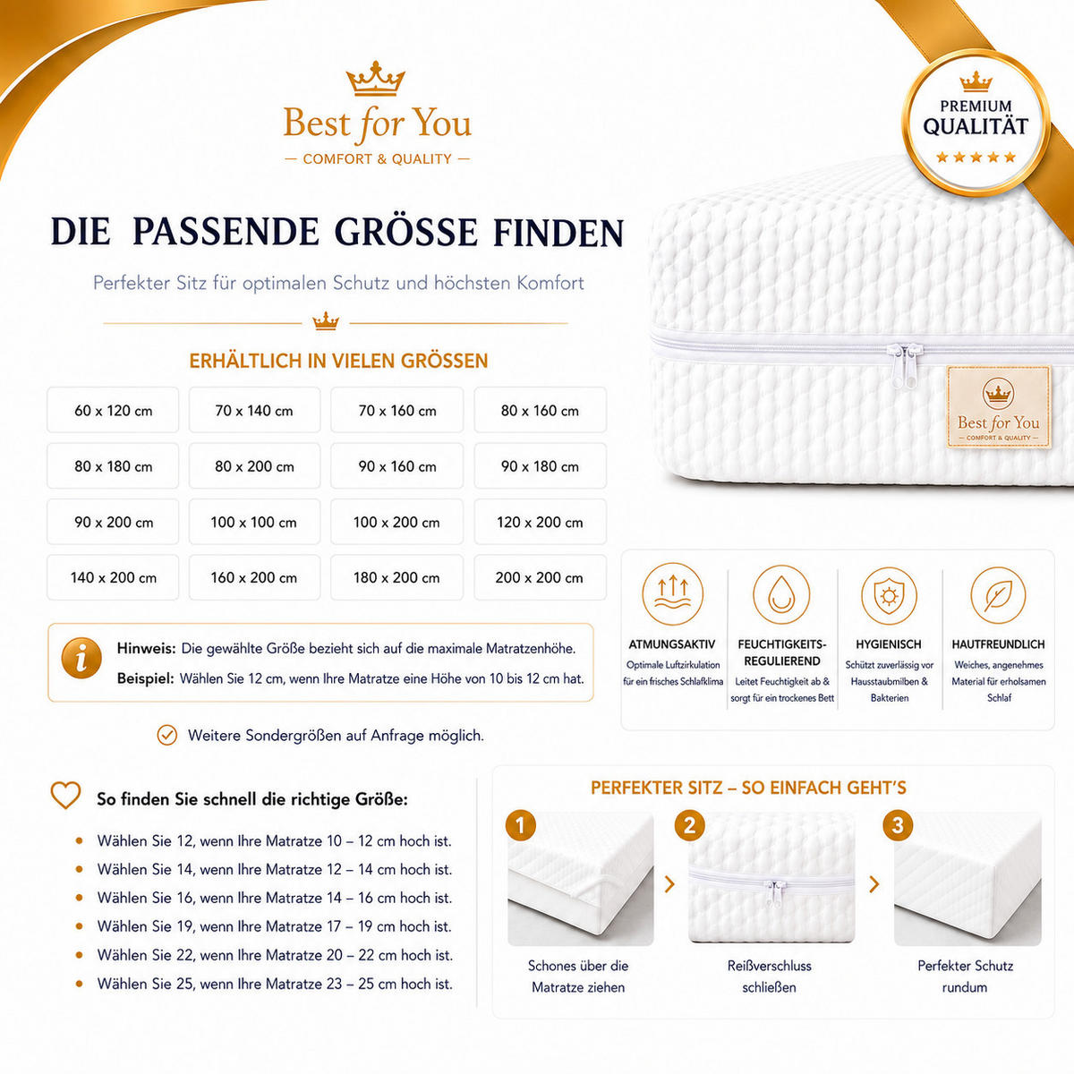 MATRATZENBEZUG 140/200/14 cm für Allergiker aus Baumwolle mit Reißverschluss Weiß - Weiß, Textil - Best For Home