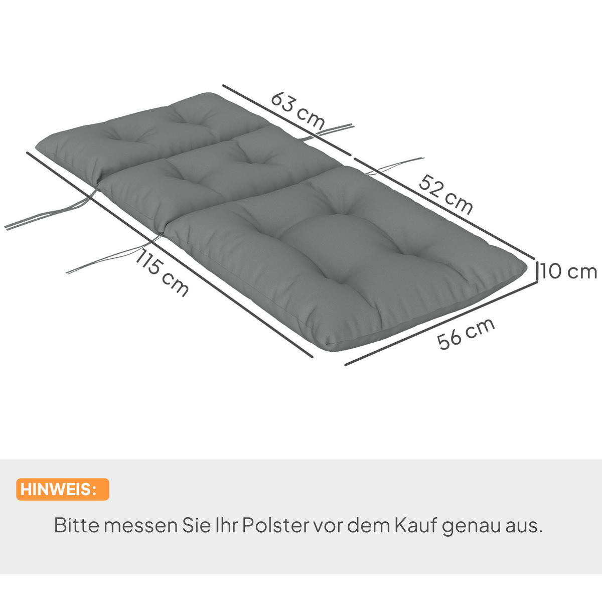 SITZKISSEN 115x56 cm - Hellgrau, Kunststoff (56/10/115cm) - Outsunny