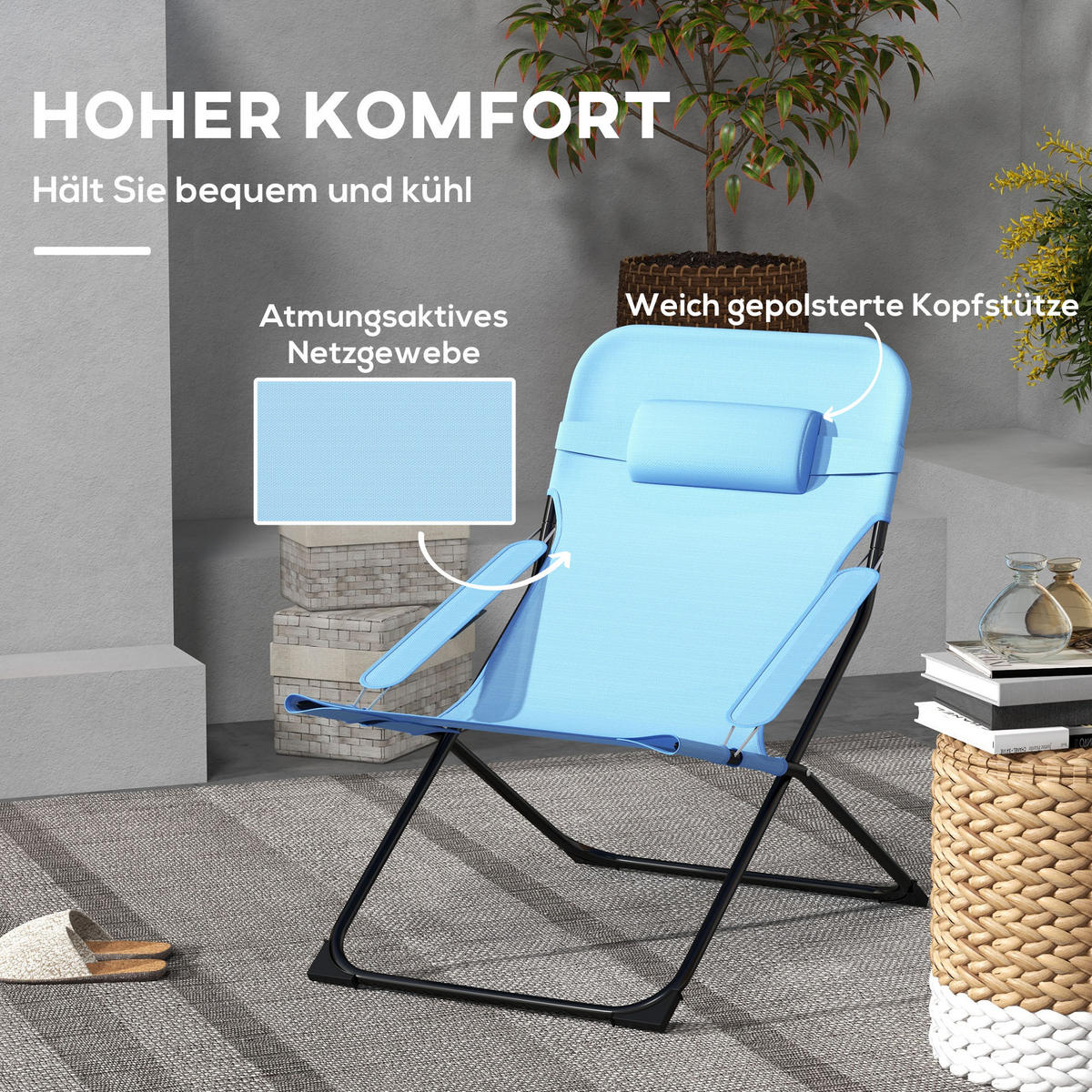 KLAPPSTUHL, Metall, Netzstoff, Blau - Blau, Metall (91/96/69cm) - Outsunny