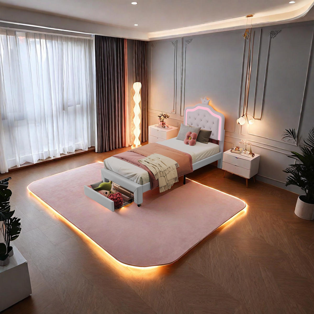 POLSTERBETT 90x200 cm Weiß PU Leder LED Kopfteil - Weiß, Holz (90/200cm) - SHOPENTRA