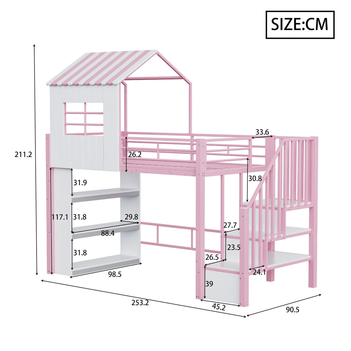 HAUSBETT 90x200 Rosa Metall Stauraum Treppe - Pink, Metall (90/200cm) - FLIEKS