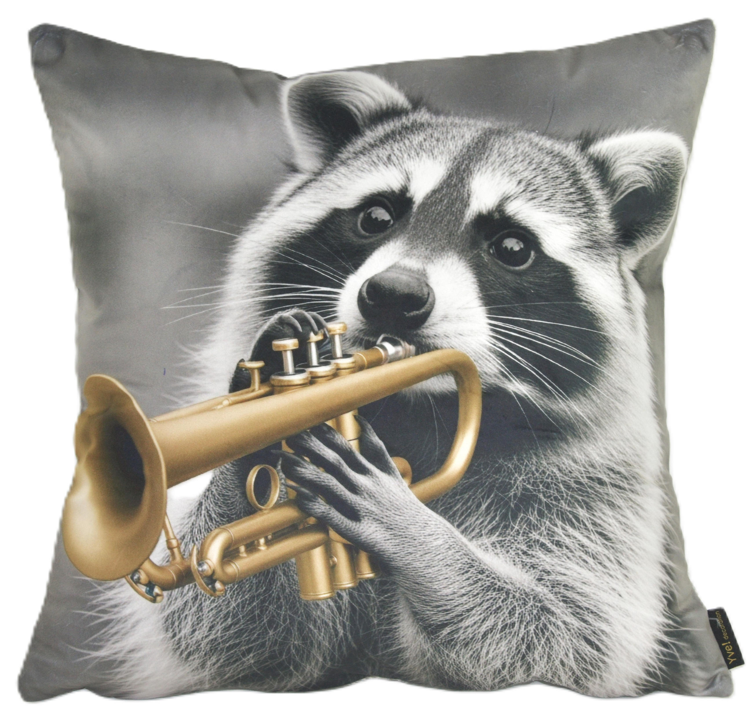 KISSENHÜLLE WASCHBÄR BILL Trompete - Hellgrau, Textil (45/45cm) - Yve! decoration