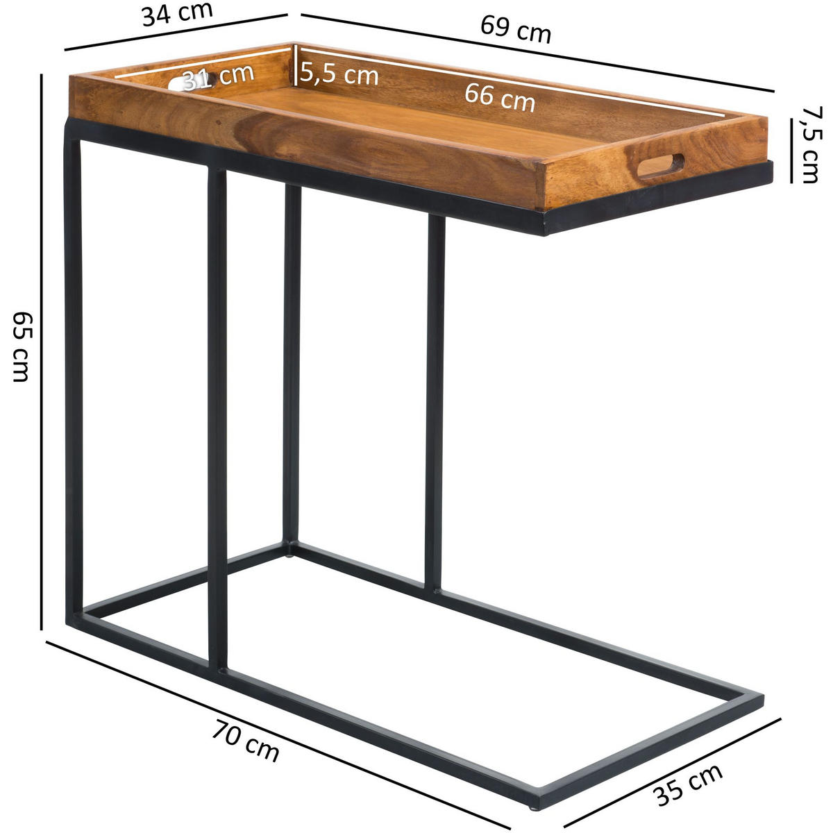 BEISTELLTISCH – Massivholz Metall platzsparend vielseitig - Schwarz/Braun, Holz/Metall (34/70/65cm) - KADIMA DESIGN