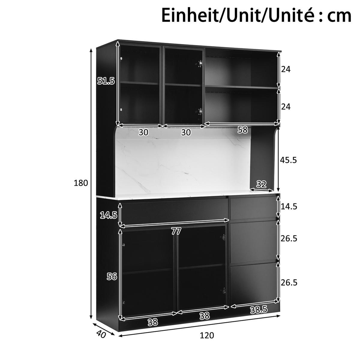 HOCHSCHRANK Vitrine LED Marmoroptik Glaselemente Schwarz Weiß - Multicolor, Holzwerkstoff (120/180/40cm) - FLIEKS