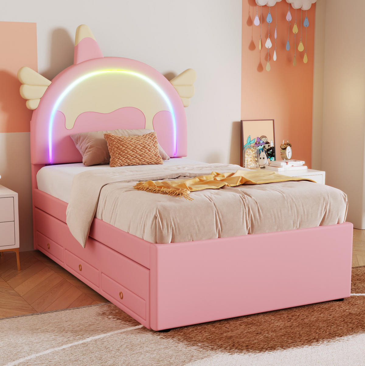 KINDERBETT 90x200 cm in Rosa mit Einhorn-Kopfteil, Ausziehbett und Schubladen - Rosa, Kunststoff (90/200cm) - IVMEU