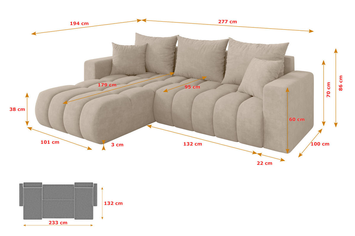 ROHOVÁ SEDAČKA s funkcí spaní, otoman vlevo MILA-L-v1 277x195x86 béžová velur - černá/Sahara, kompozitní dřevo/textil (277/194cm) - ALTDECOR