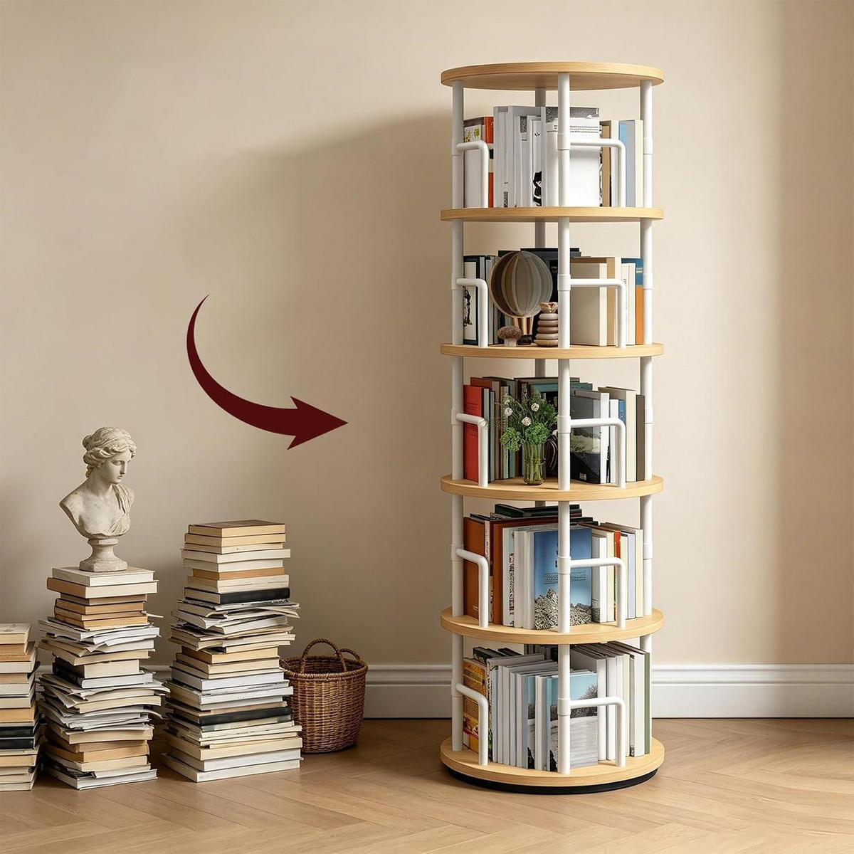 BÜCHERREGAL drehbar 5 Ebenen Natur und Weiß 40 x 40 x 160 cm - Weiß, Holzwerkstoff (40/160/40cm)