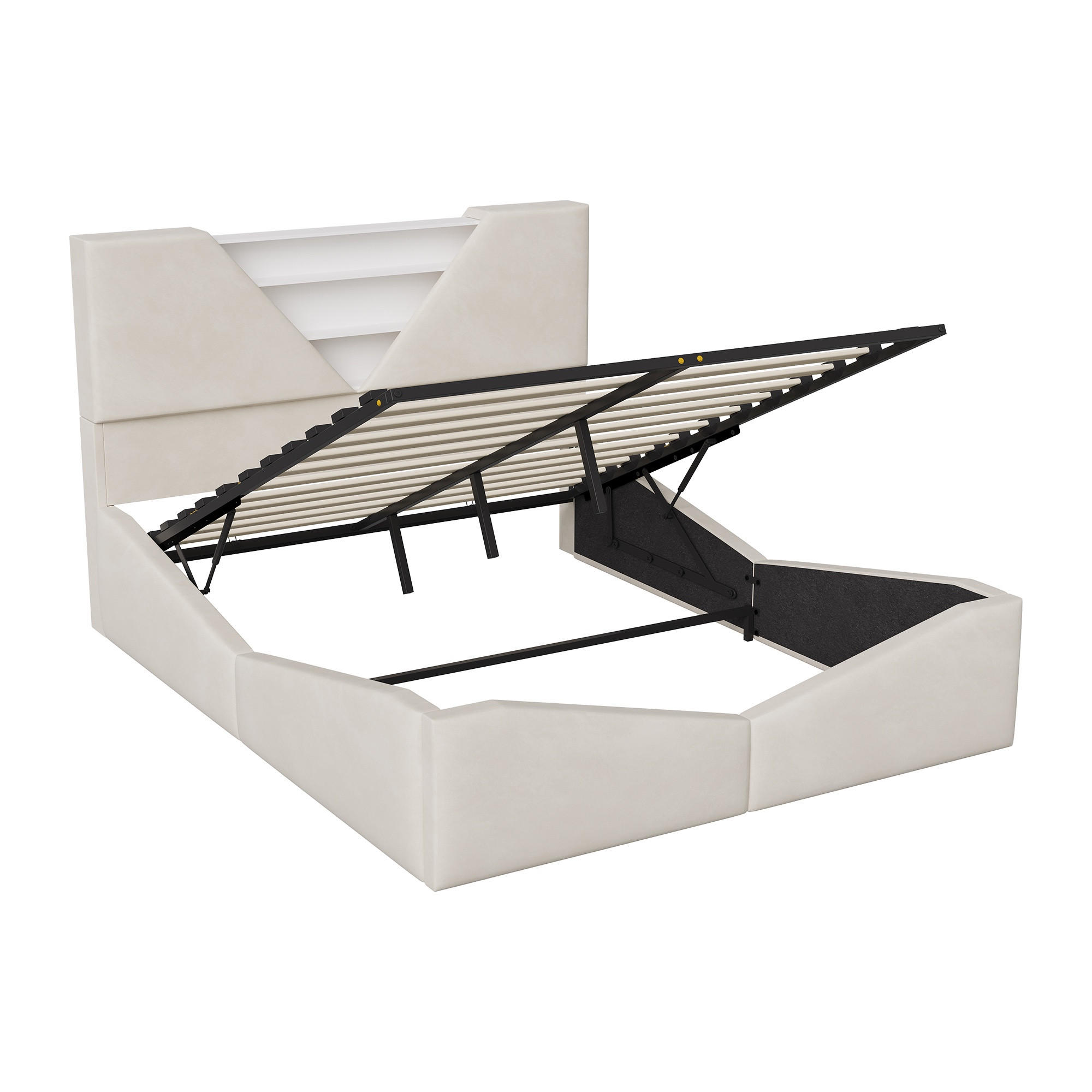 POLSTERBETT 140x190 cm - Dreieckiges Kopfteil mit Stauraum, LED ajustable, 4 Schubladen, Samtstoff, Modernes und schlichtes Design - Beige - Beige, Holzwerkstoff (140/190cm) - Brevoria