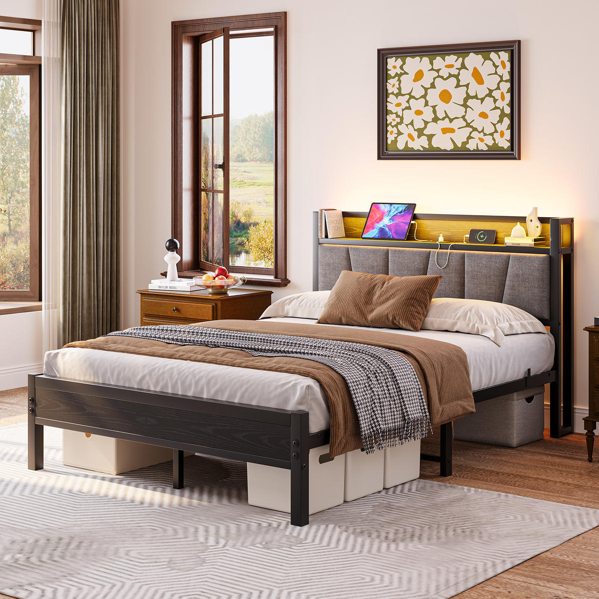 METALLBETT 140/190 cm Schwarz mit LED und USB - Schwarz, Metall (140/190cm) - Oxeza