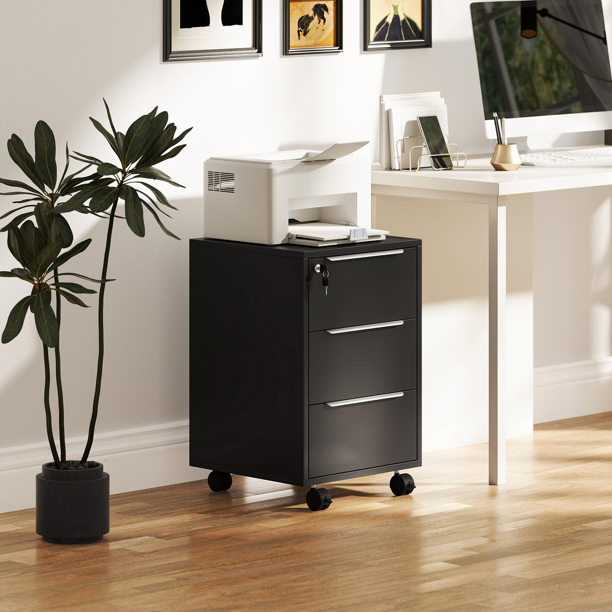 ROLLCONTAINER DE-14472 3 Schubladen abschließbar Schwarz - Schwarz, Holzwerkstoff (40/63.5/40cm) - ComfortXL