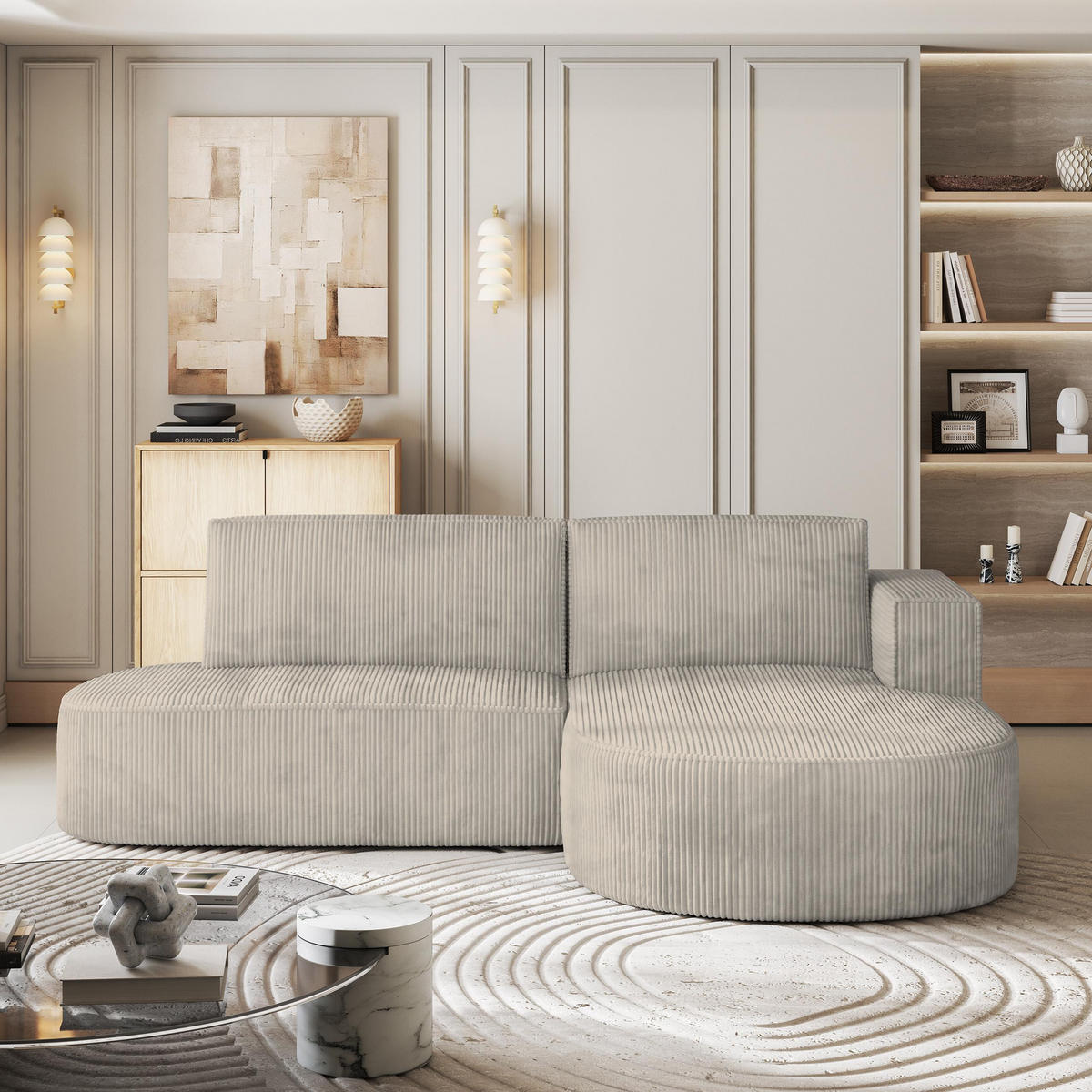 ECKSOFA CORTIO P R-S Creme Kordstoff mit Schlaffunktion - Creme, Holz (265/174cm) - MASSENO