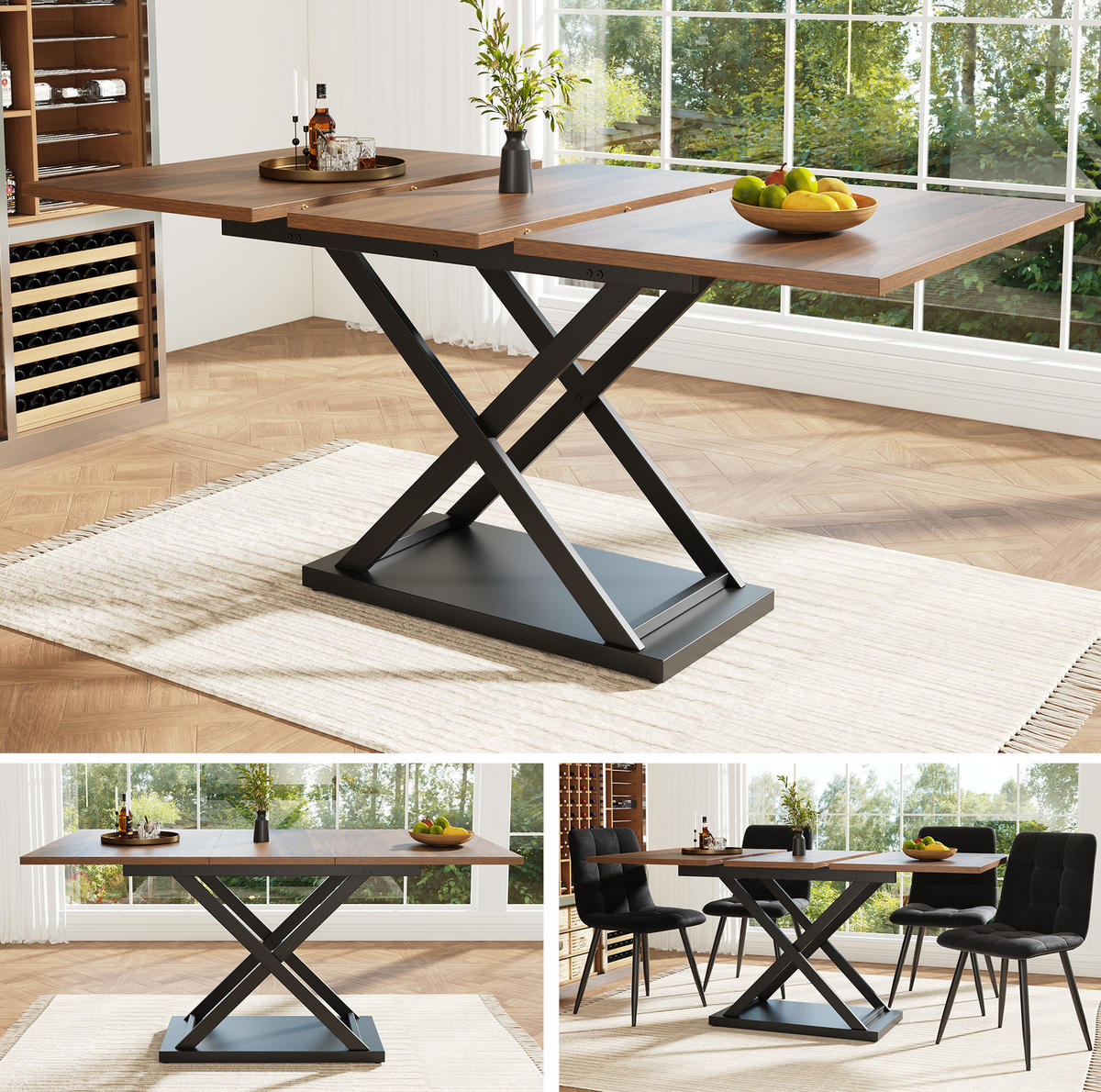 JEDÁLENSKÝ stôl 120-160/80 cm, MDF, orechová/čierna, rozkladací - farba vlašského orecha, kompozitné drevo (160/80/75cm) - BEAOK