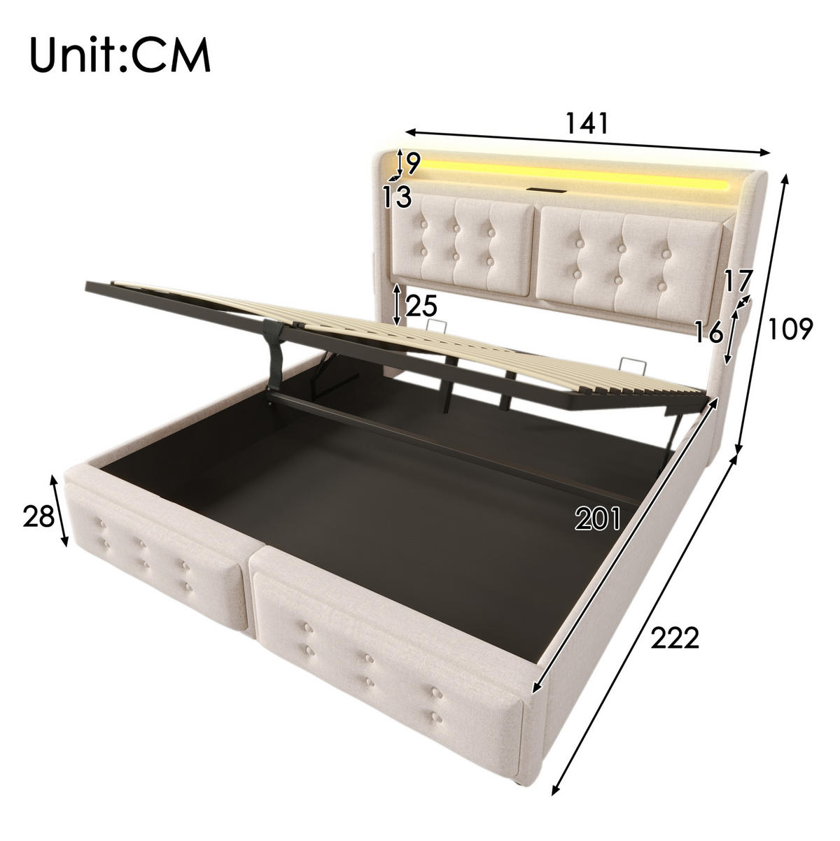 POLSTERBETT mit LED und Stauraum 140x200 cm Beige inkl. Matratze - Beige, Metall (140/200cm) - Meubliv