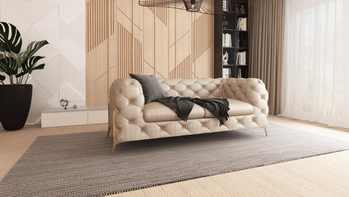 SITZGARNITUR 3+2+1 Chesterfield Vertex Beige Samt - Beige/Goldfarben, Holz/Textil (225/75/100cm) - S-Style Möbel