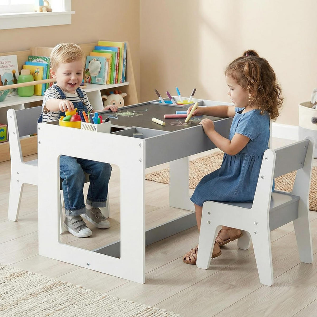 KINDERTISCH mit Stuhl grau(3-tlg) - Grau, Holzwerkstoff (80/48/49cm) - COSTWAY