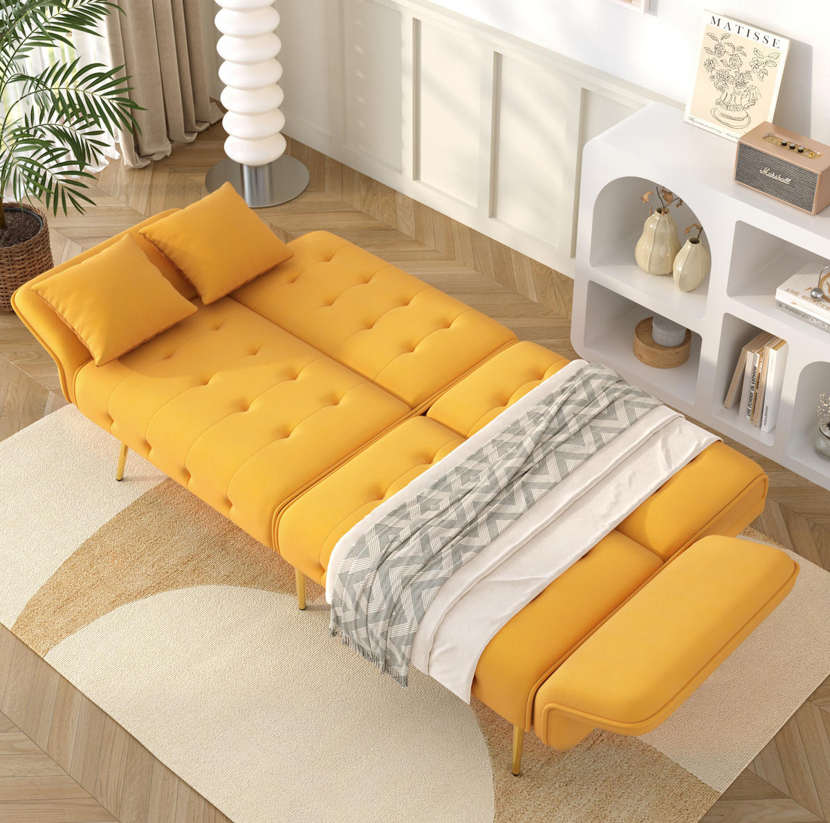 SOFABETT 2-in-1 mit Schlaffunktion 215 x 81,5 cm Velours Yellow - Gelb, Kunststoff (178/70/82cm) - Meubliv