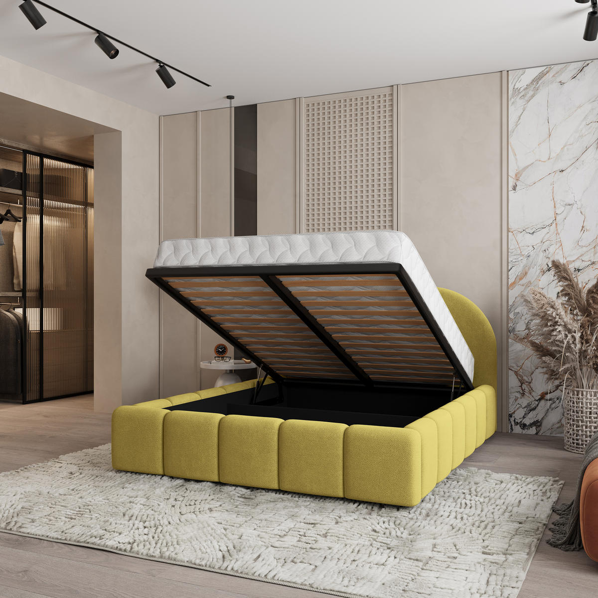 POLSTERBETT FLUSSO 160x200 cm mit Bettkästen - Gelb - Gelb, Holz (160/200cm) - MASSENO