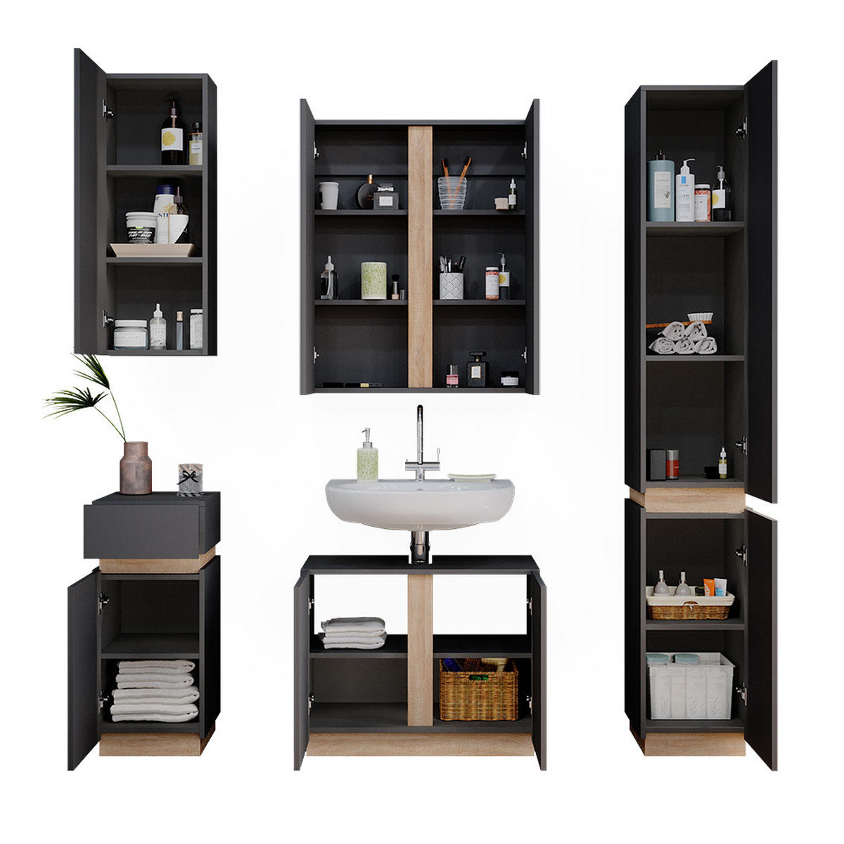 BADMÖBEL-SET Gloria Anthrazit 5 Teile - Anthrazit/Sonoma Eiche, Holzwerkstoff (70/55/34cm) - Vicco