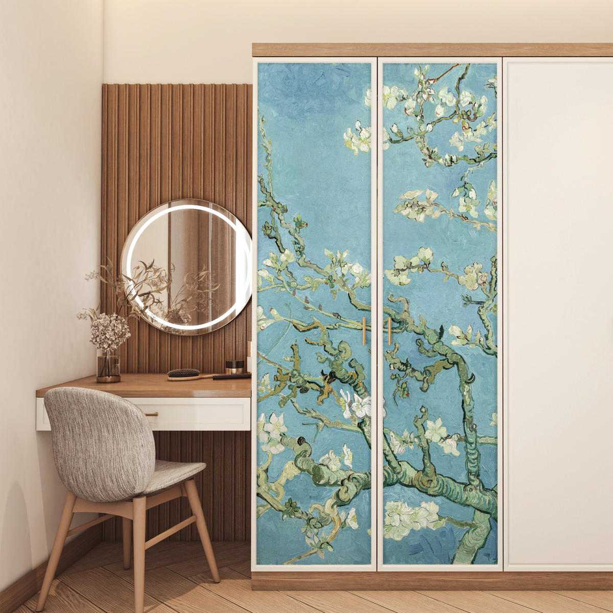 TÜRAUFKLEBER Mandelblüte - Van Gogh - Kunst 90x215 cm - Türtapete - Pastellblau, Kunststoff (90/0.1cm) - MuchoWow