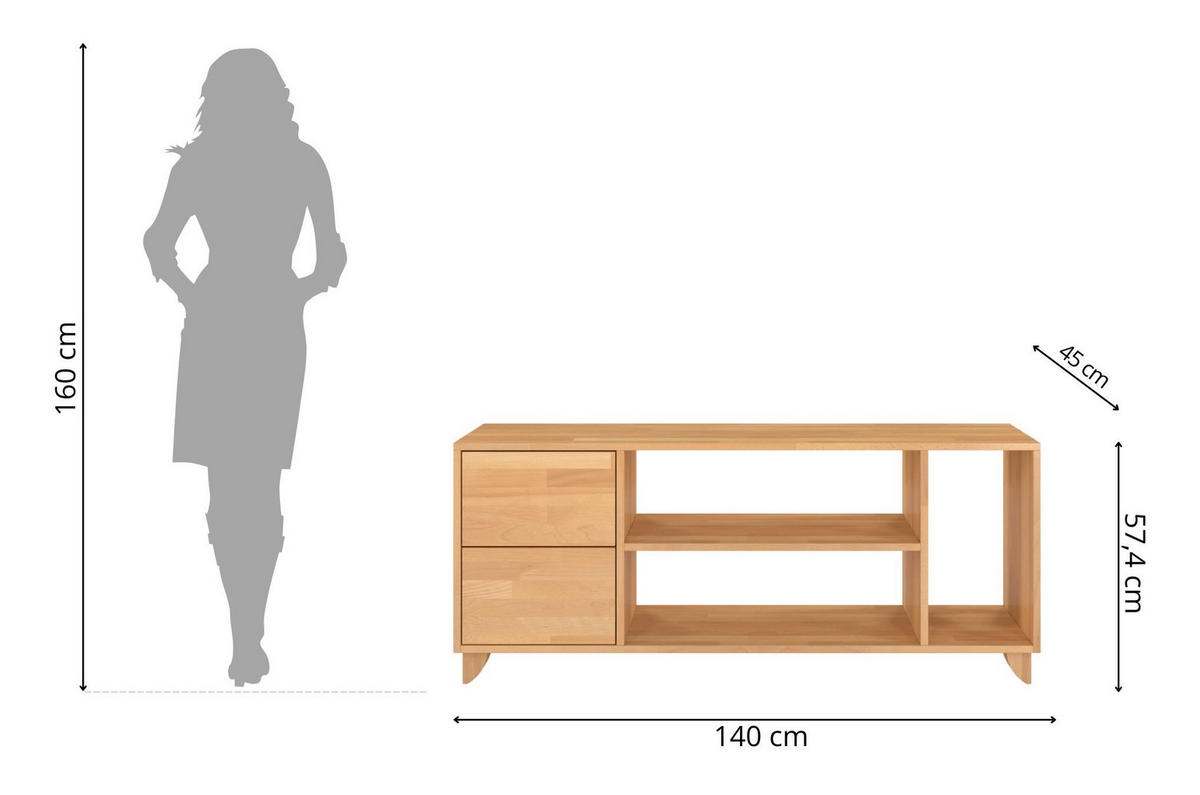 MASSIVHOLZ-TV-SCHRANK Viveca, Buche - lackiert, Naturfarben - Buchefarben, Holz/Buchenholz (140/57.4/45cm) - Visby
