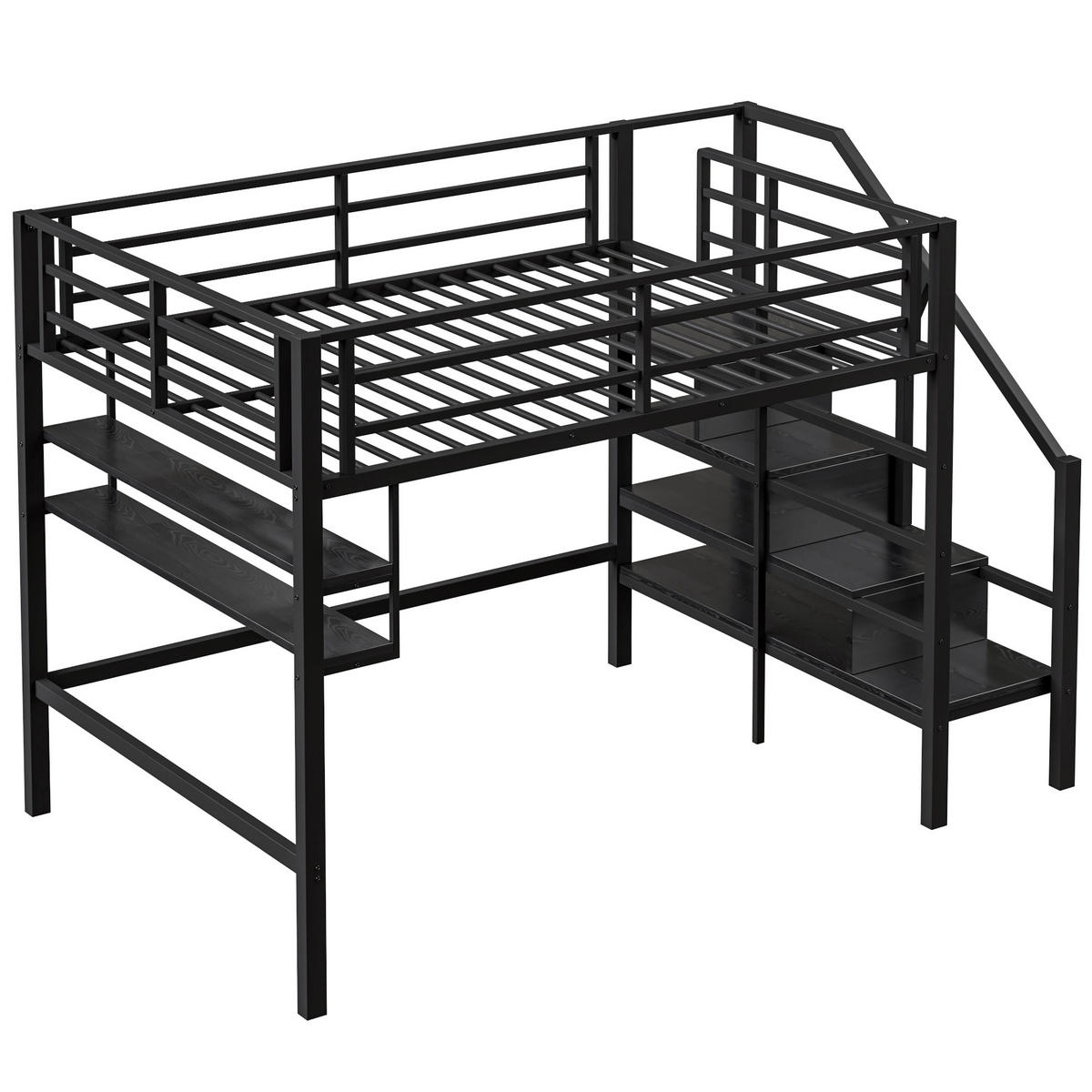 HOCHBETT 140x200cm Schwarz Einlegeböden Stauraumleiter Geländer - Schwarz, Metall (140/200cm) - FLIEKS