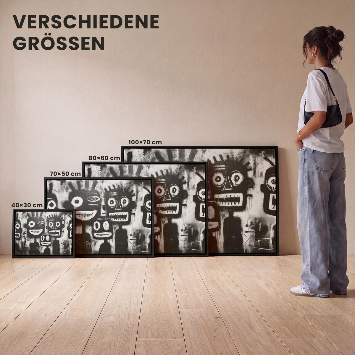 LEINWAND Bilder mit Rahmen - Malerei - Figuren - Schwarz - Abstrakt - 80x60 - Schwarz, Textil (80/60cm) - MuchoWow