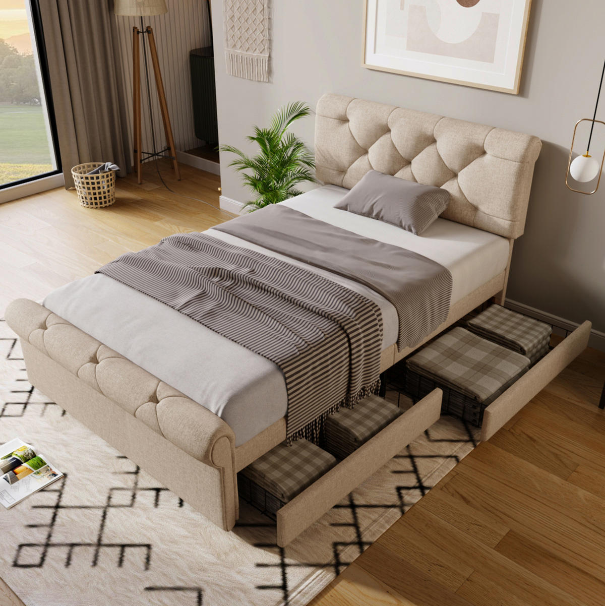 POLSTERBETT mit 2 Schubladen 90x200 cm Leinen Natur inkl. Matratze - Beige, Holz (90/200cm) - Meubliv