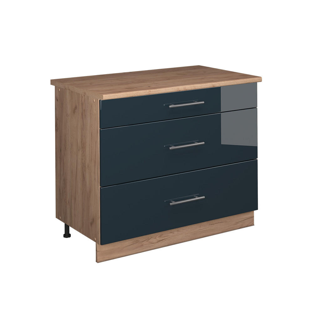 KÜCHENUNTERSCHRANK Fame-Line, Dunkelblau Hochglanz/Goldkraft Eiche, 100 cm, AP Eiche - Honigeiche/Dunkelblau, Holzwerkstoff (100/82/60cm) - Vicco