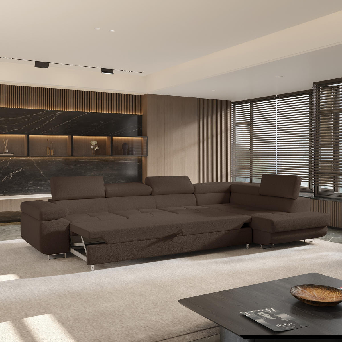 ECKSOFA VICENTE Braun Boucle-Stoff mit Schlaffunktion - Braun, Holz (346/202cm) - MASSENO