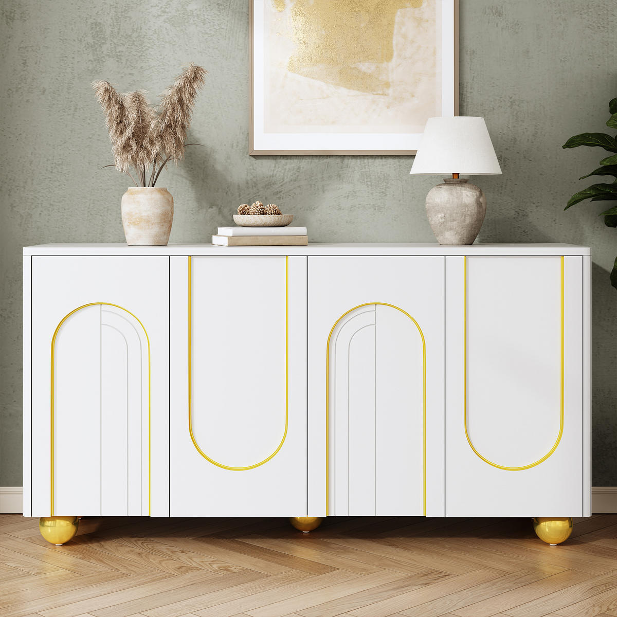 SIDEBOARD 4 Türen Goldlinien Design Metallfüße Modern Schrank - Weiß, Holzwerkstoff (140/74/40cm) - FLIEKS
