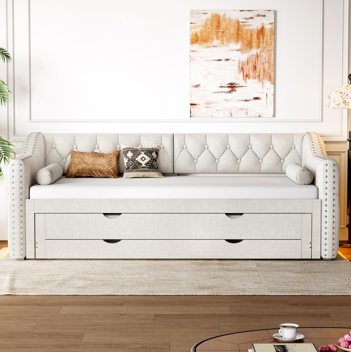 POLSTERBETT 90/200 cm aus MDF und Leinen mit LED Ausziehbett und 3 Schubladen Beige - Beige, Textil (90/200cm) - Modenvie