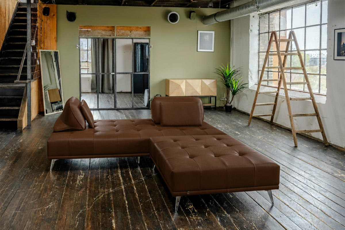 SOFA MIT HOCKER WIOLO 2ER SET Dunkelbraun Leder - Dunkelbraun/Silberfarben, Leder/Metall (240/83/110cm) - KAWOLA