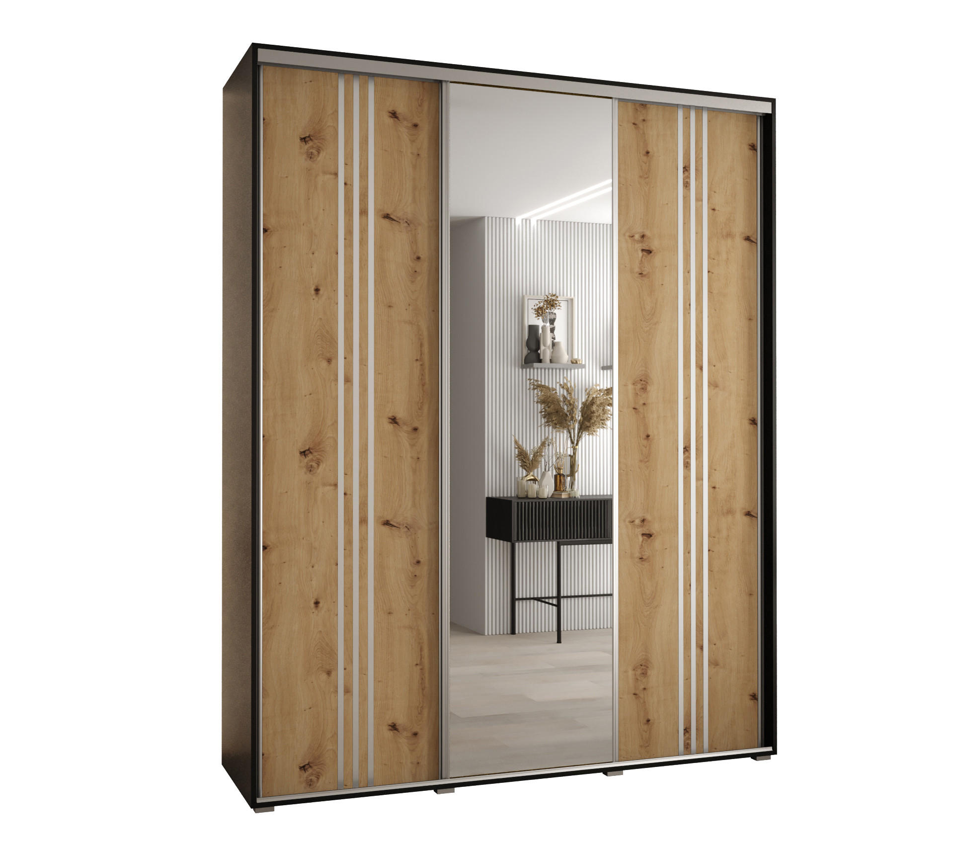 Abiks Möbel Schwebetürenschrank Schwarz, Eiche Artisan, Silber 190x235x45 cm