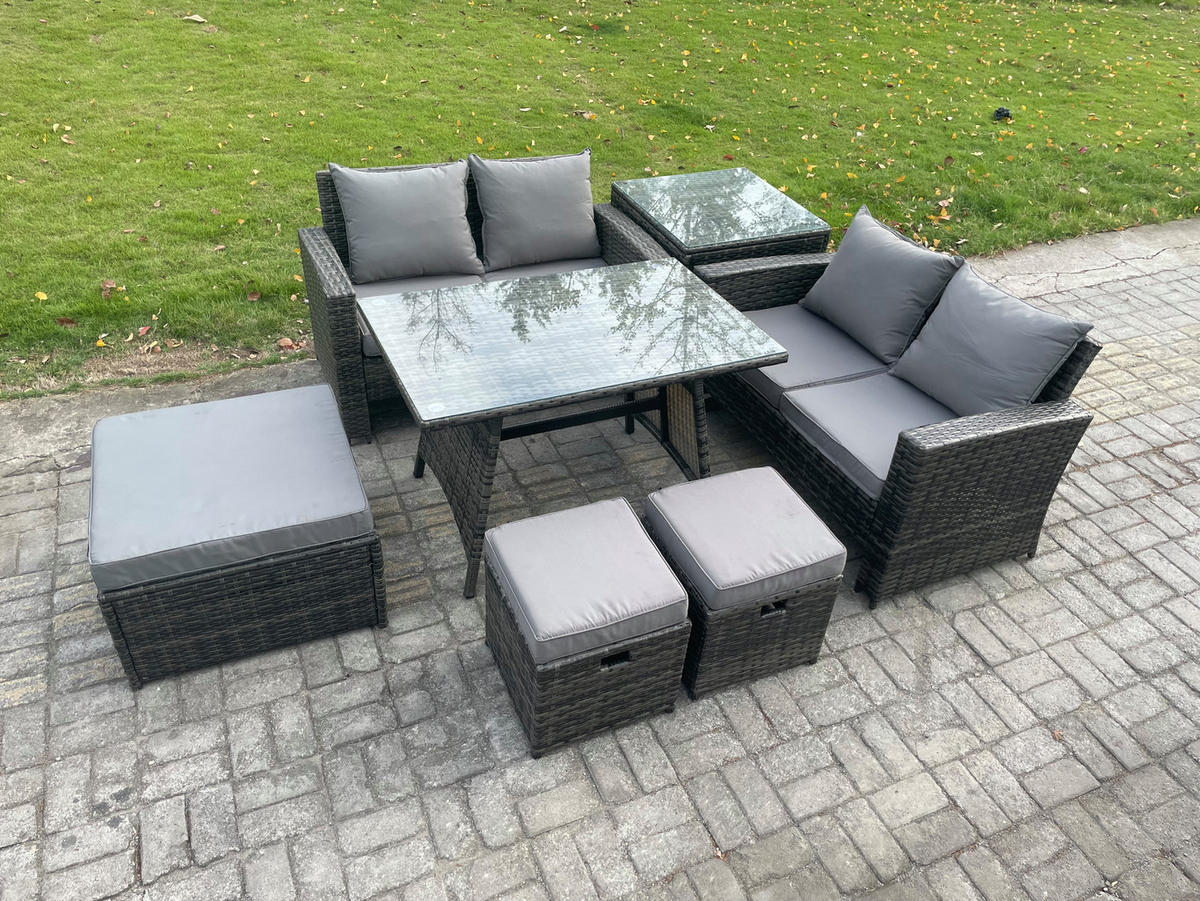 GARTENMÖBELSET mit ESSTISCH,HOCHLEHNER-SOFA Polyrattan Dunkelgrauer Mix 7-Sitzer - Dunkelgrau/Grau, Glas/Kunststoff - Fimous