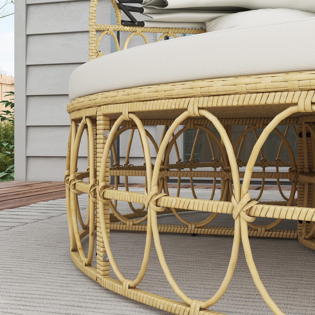 GARTENMÖBEL-SET 178/85/66,5 cm mit ausziehbarem Sonnendach, Hockern und Couchtisch aus Rattan, Cremeweiß - Weiß, Naturmaterialien - Redom
